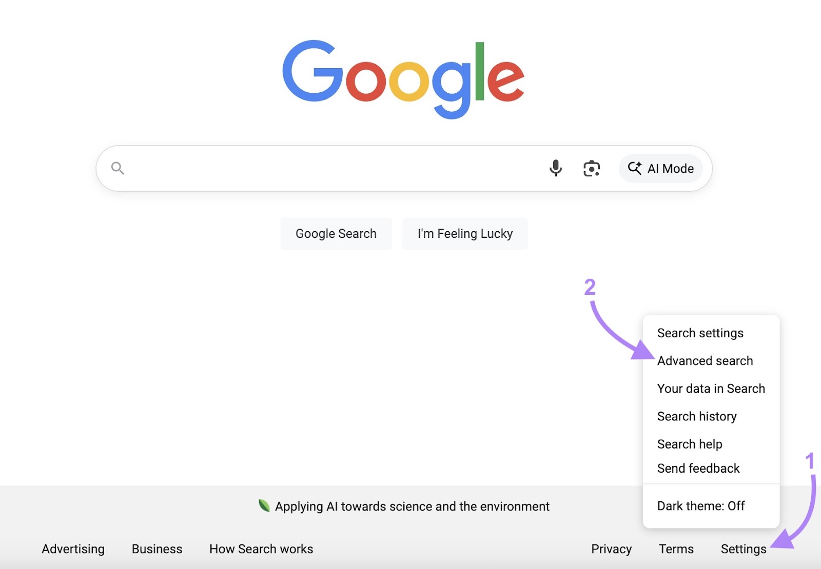 Google home with "Settings" clicked in the lower right corner of the screen and "Advanced search" selected from the list.