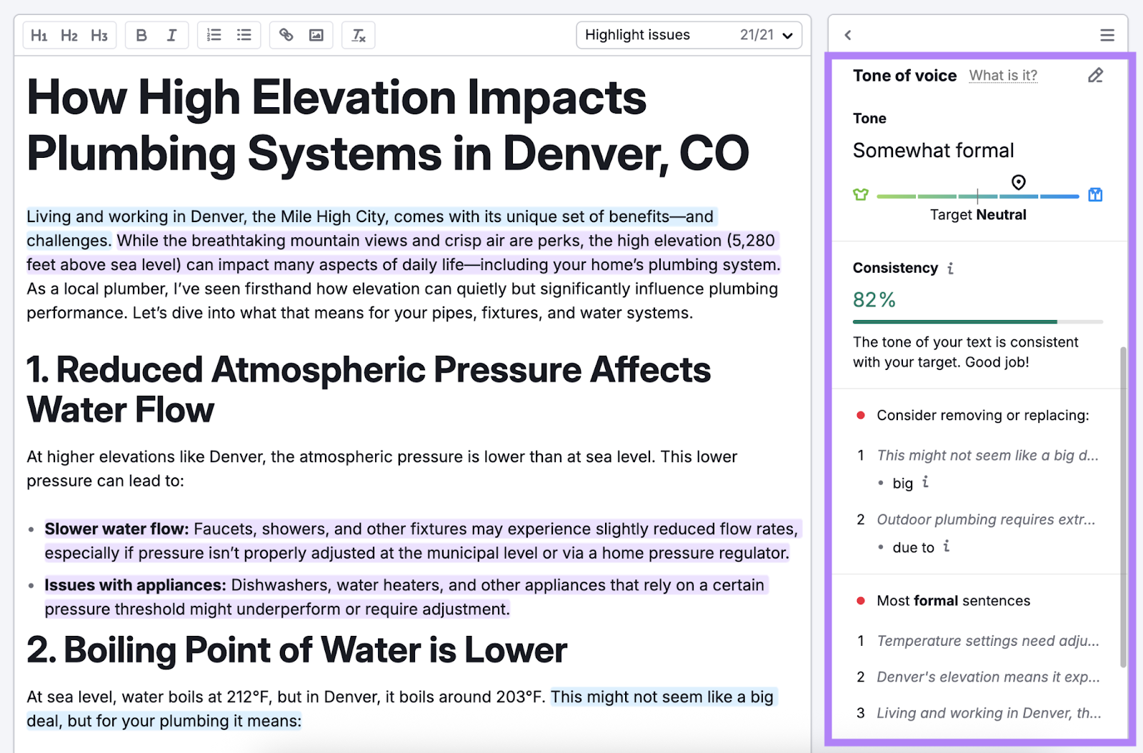 SEO Writing Assistant gives suggestions for text entered into the editing tool.