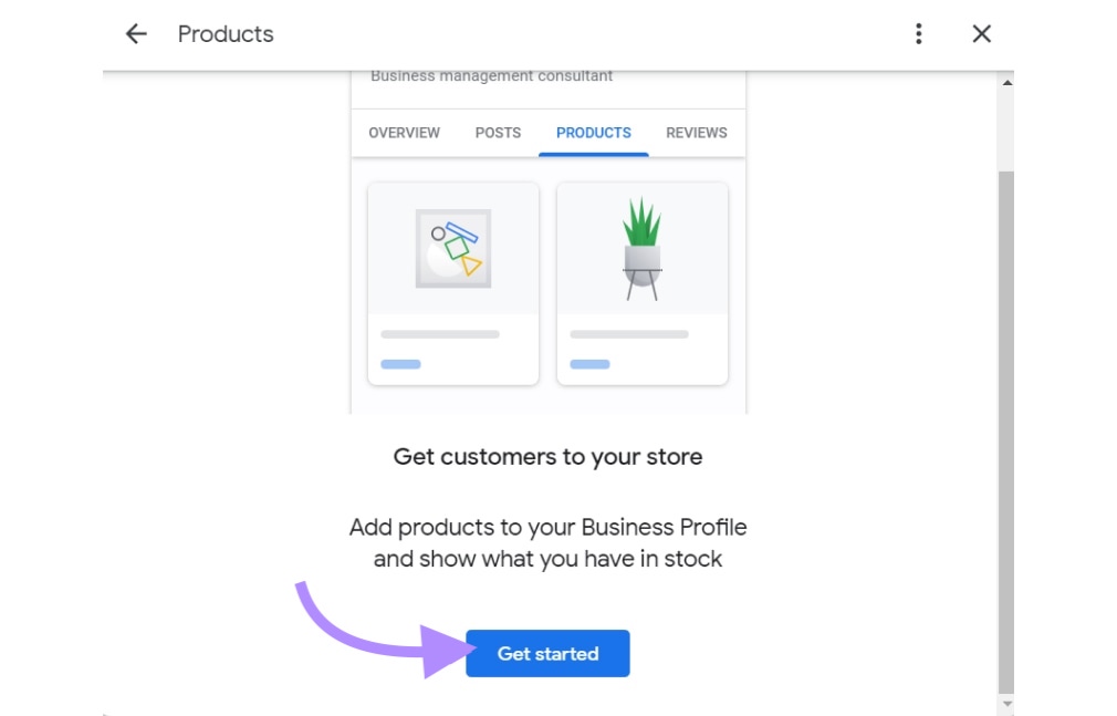 âGet startedâ button.selected under "Products" window