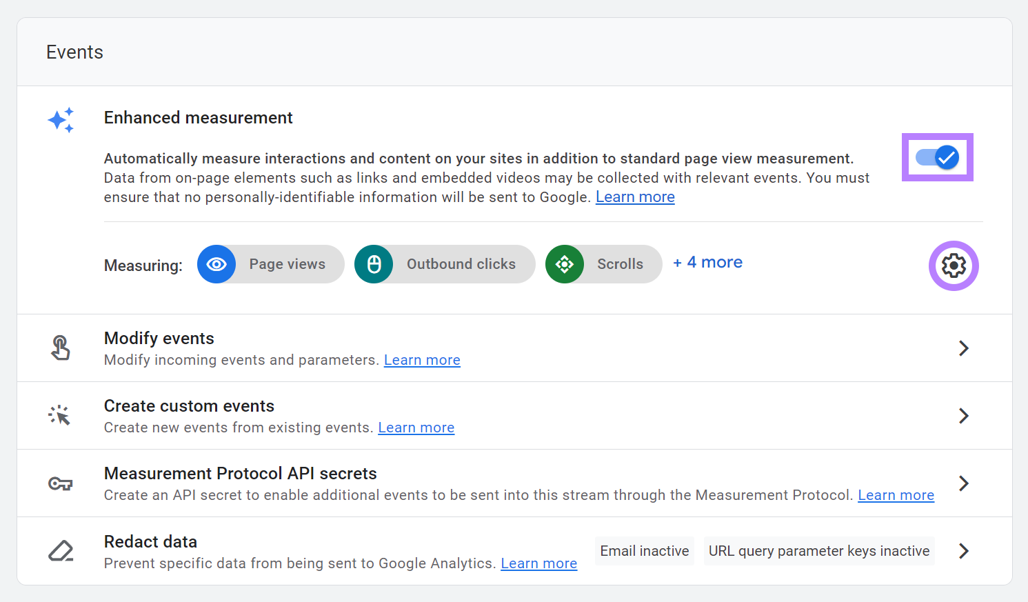 Google Analytics data stream settings with enhanced measurement toggle highlighted.