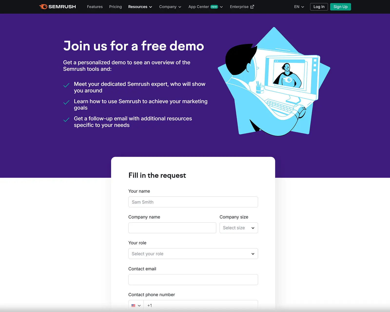 Sign up form on the Semrush website to access a free personalized demo.