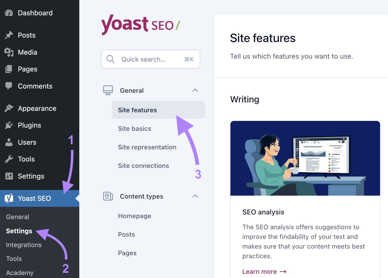 Navigating to "Site features" on the YoastSEO plugin on WordPress.