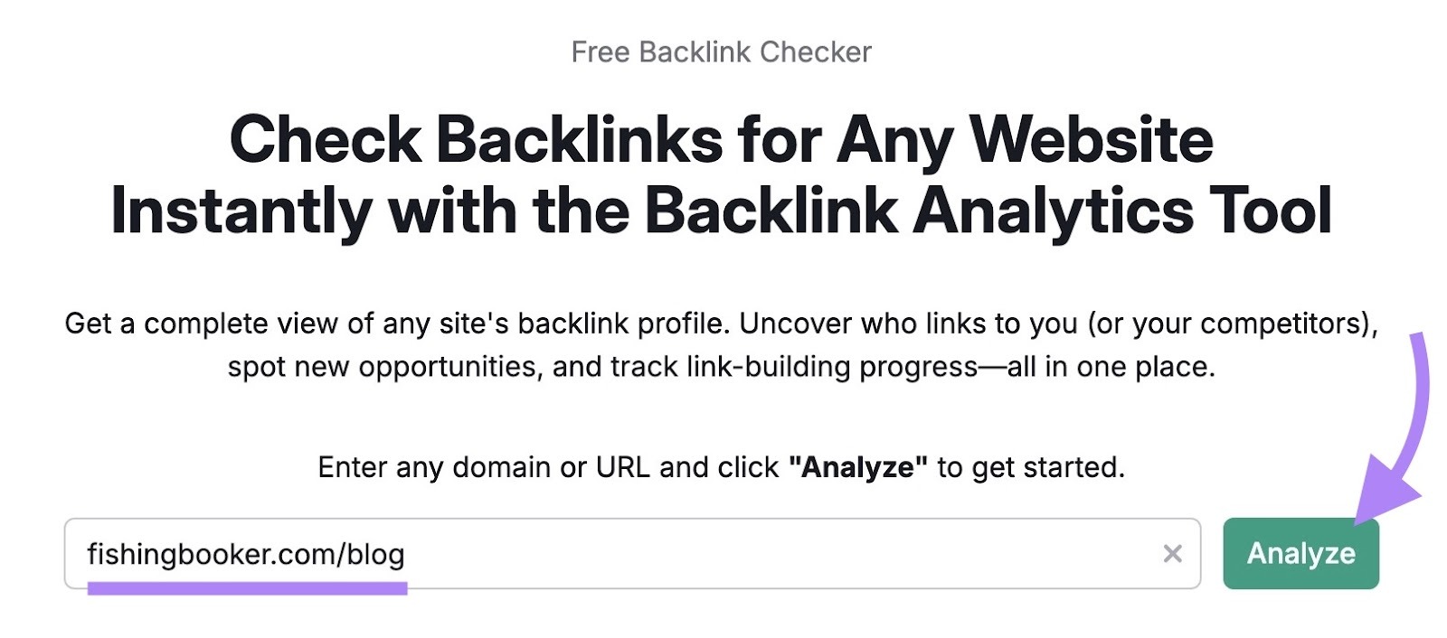 Backlink Analytics tool start with a URL entered and "Analyze" clicked.