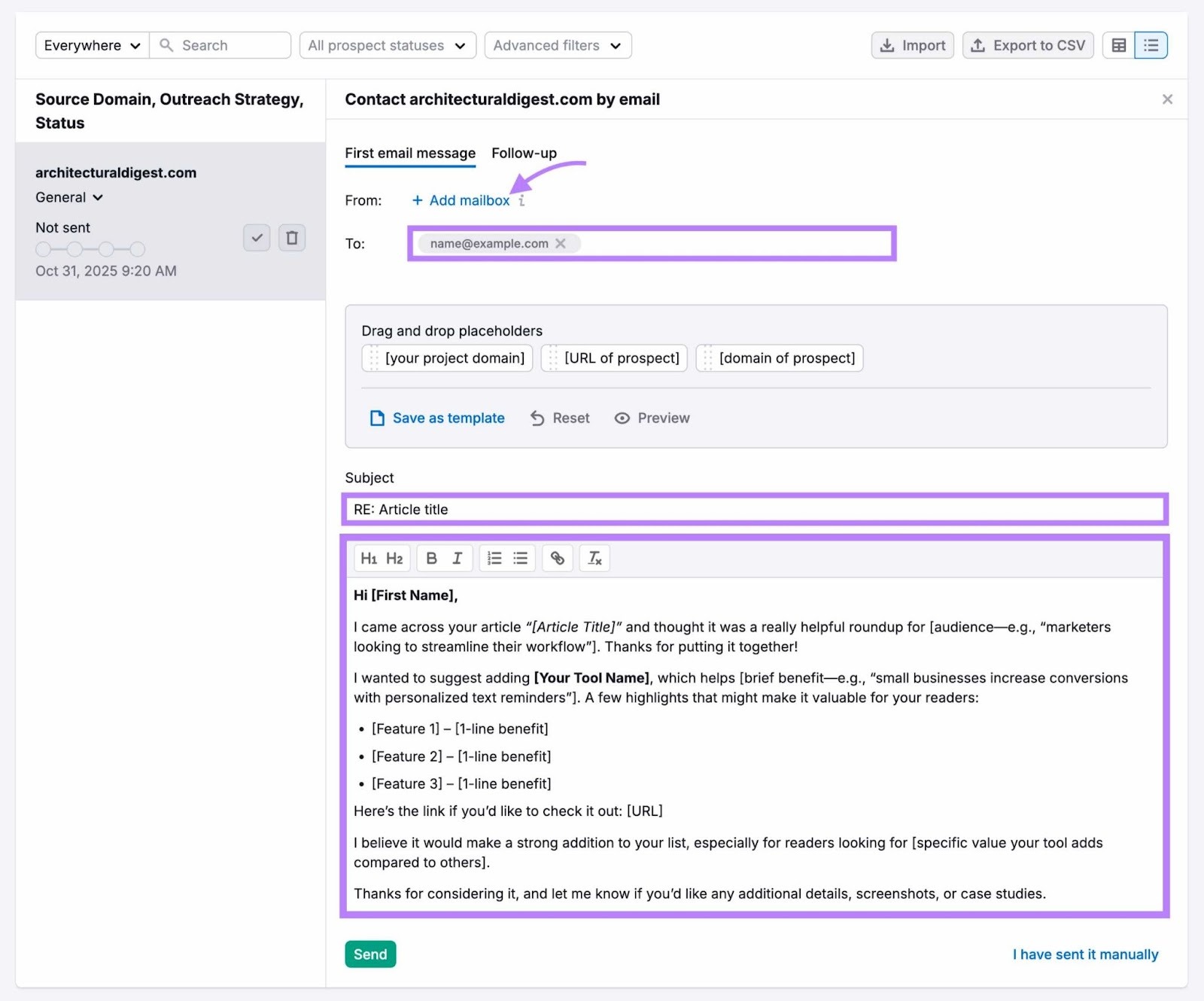Drafting an outreach email on the Link Building tool with "+Add mailbox", the prospect's address, the subject line, and email body highlighted.