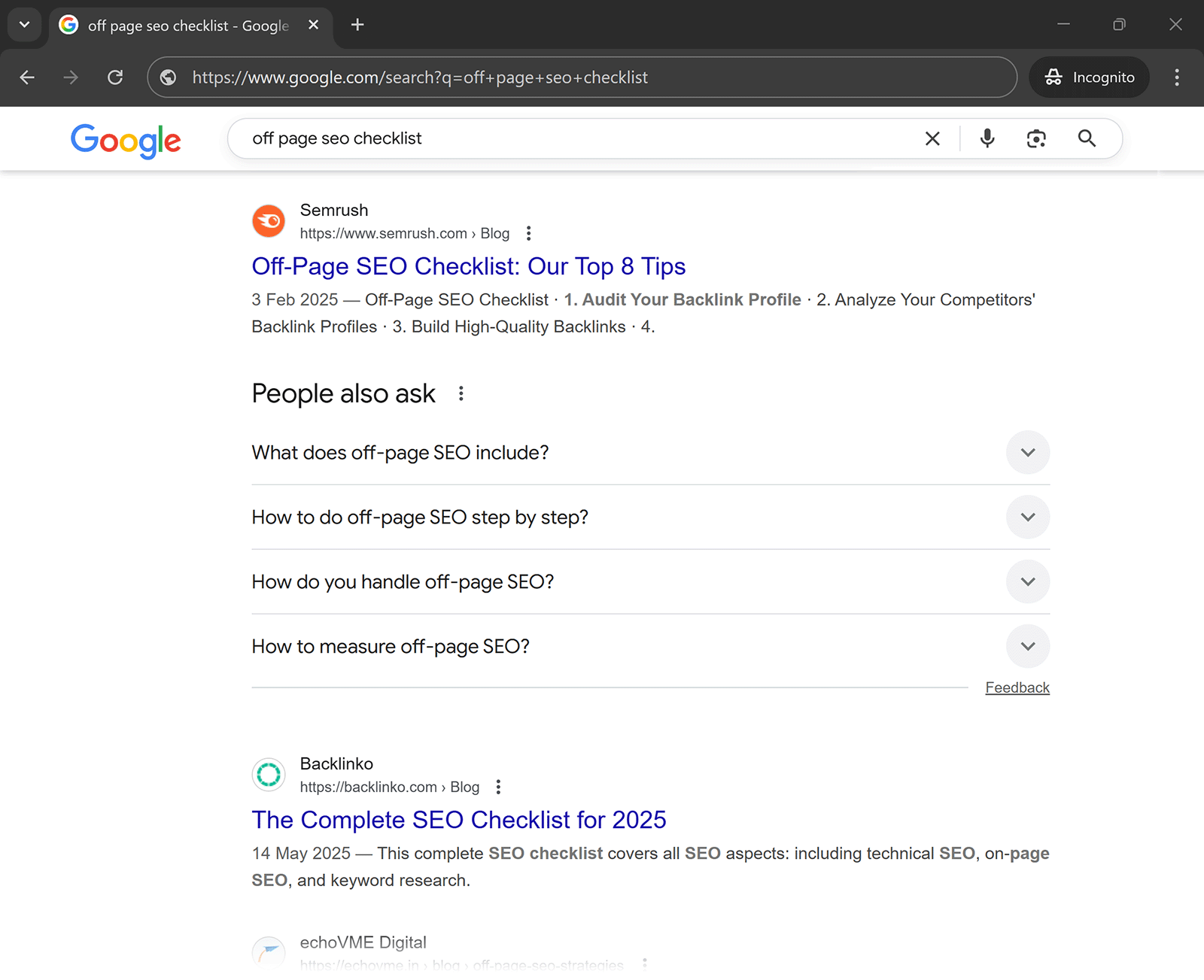Incognito mode search for “off page seo checklist” showing a Semrush result and a “People also ask” SERP feature.