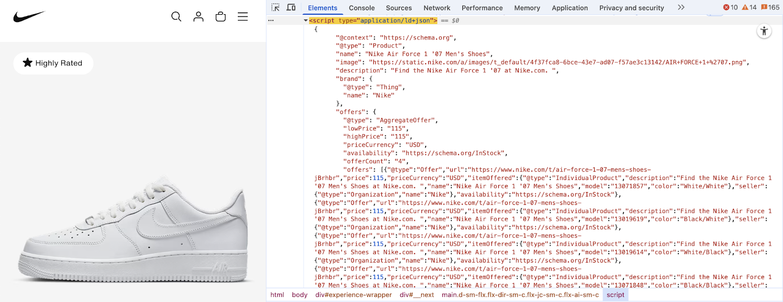 Schema markup code is shown for a product page.