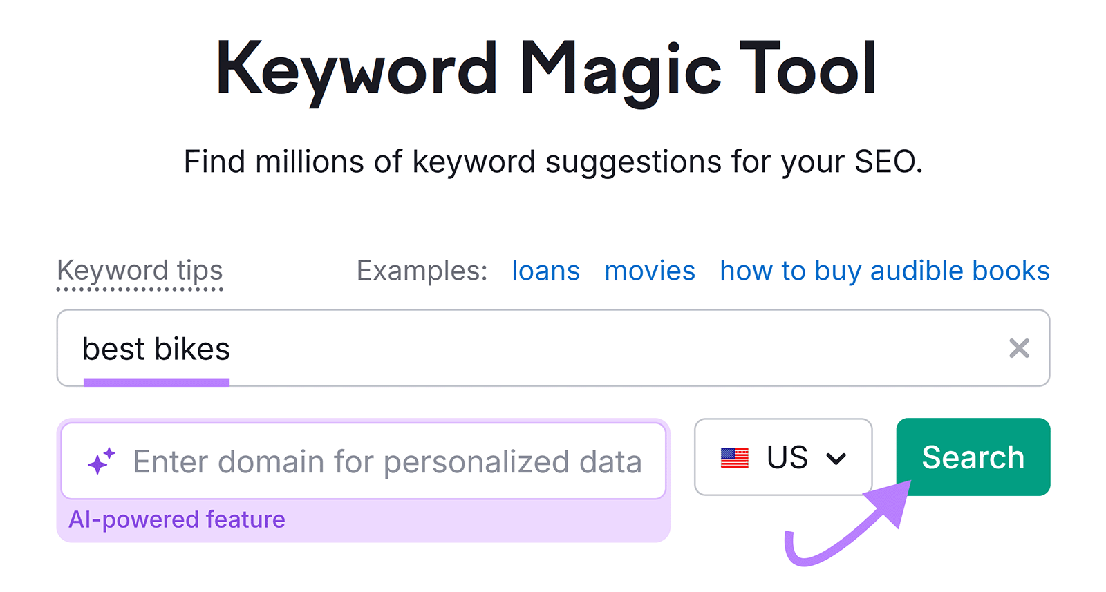 Semrush Keyword Magic Tool start with 'best bikes' in keyword field and arrow pointing to Search button