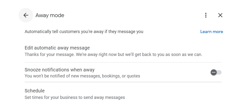 âAway modeâ section in GBP settings
