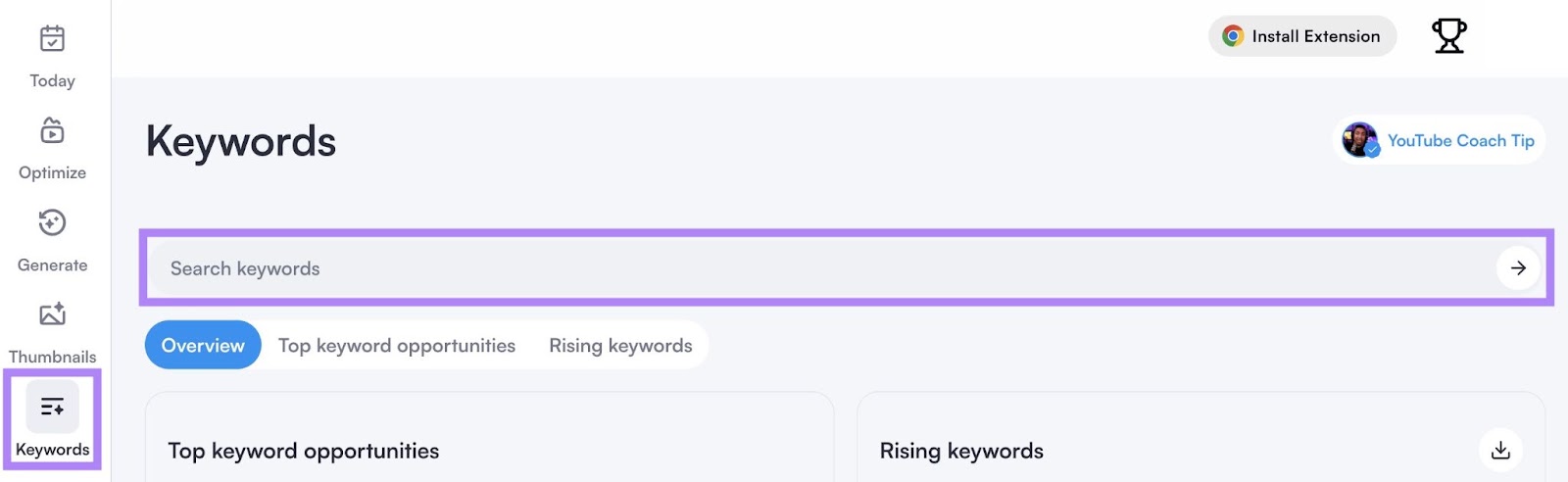 "Keywords" tab on VidIQ with the search bar highlighted.