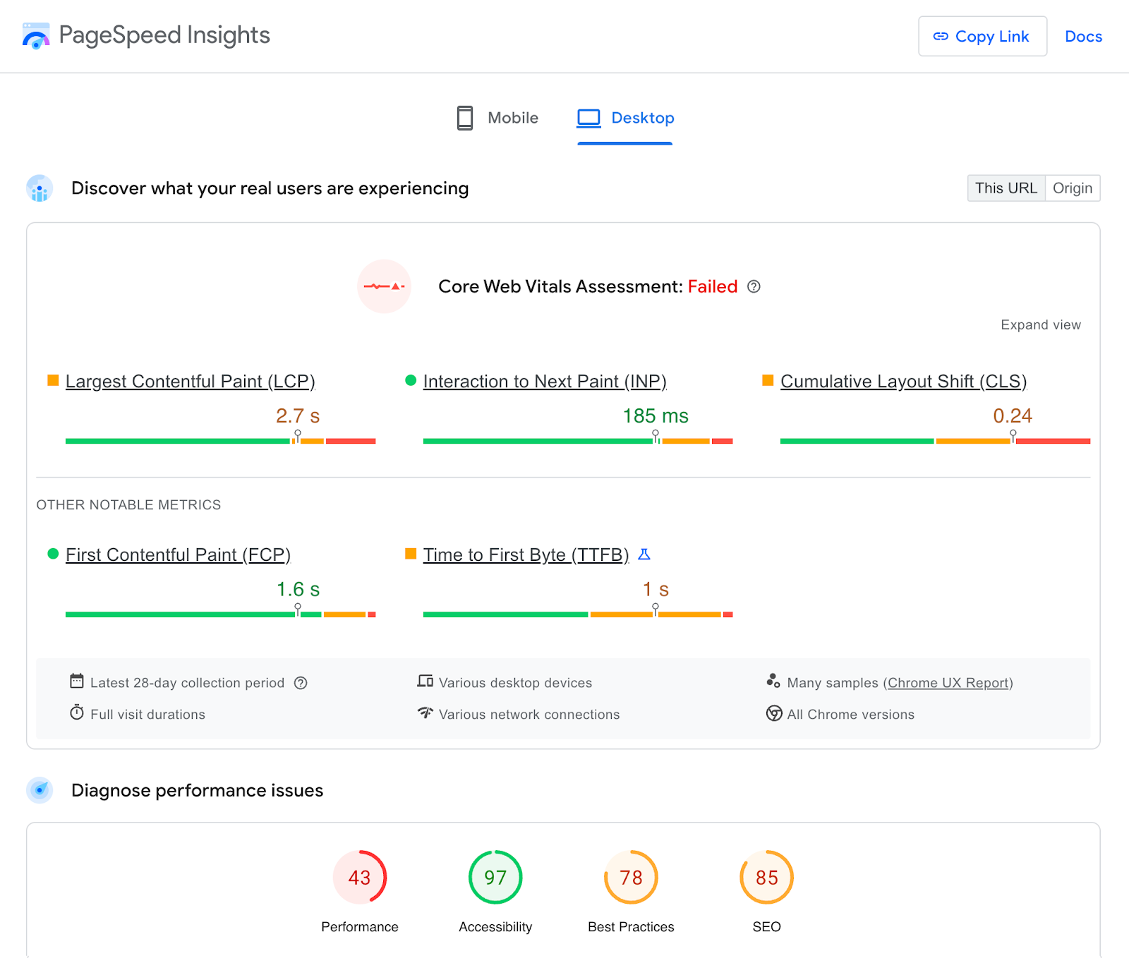 The tool shows a core web vitals assessment with metrics like LCP, INP, CLS, and more.
