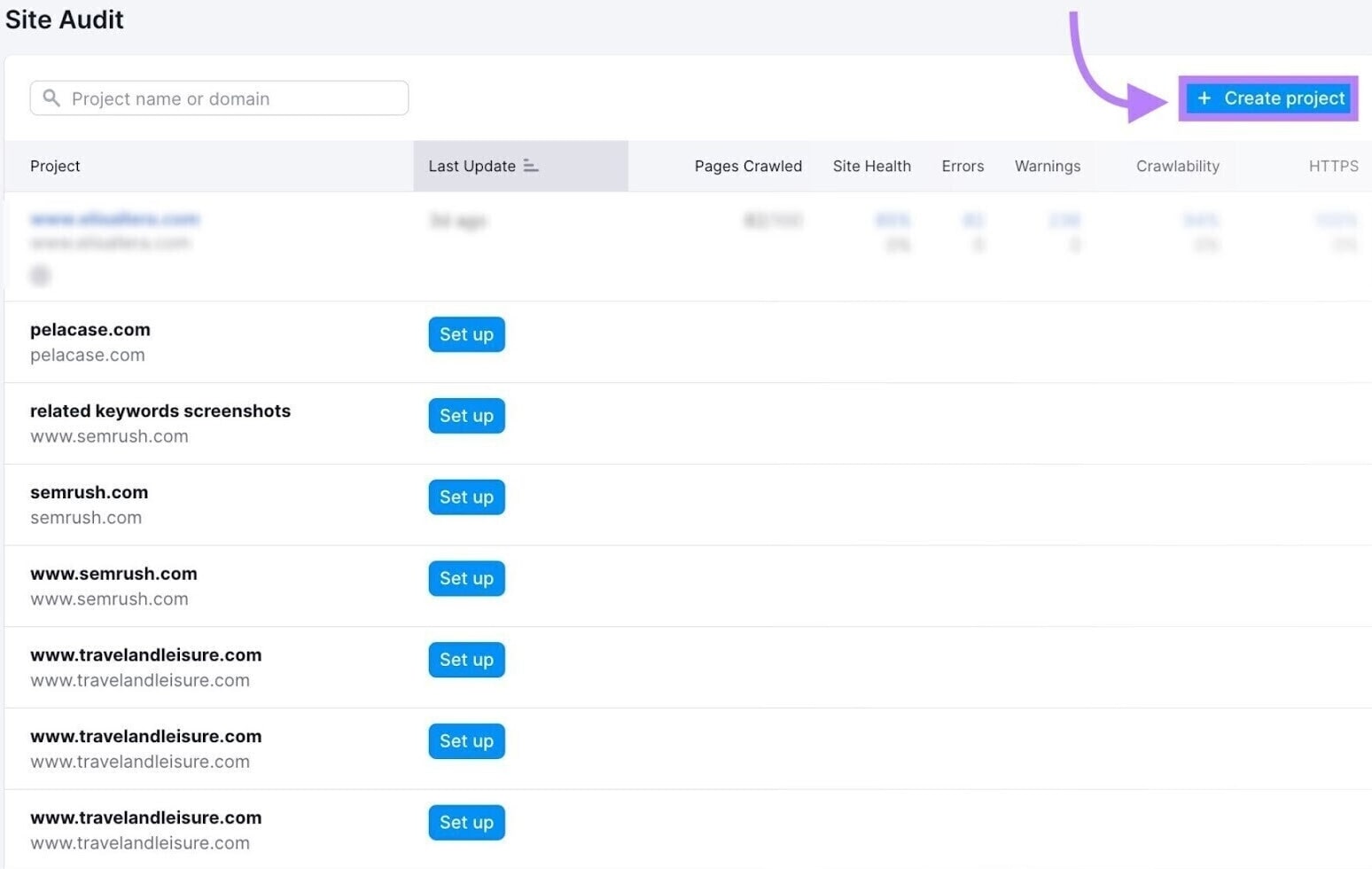 "+ Create project" button in Site Audit tool