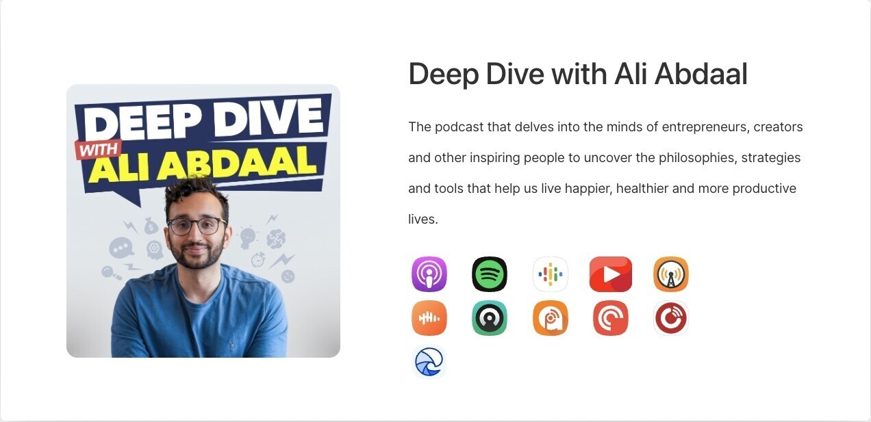 “Deep Dive with Ali Abdaal” podcast page