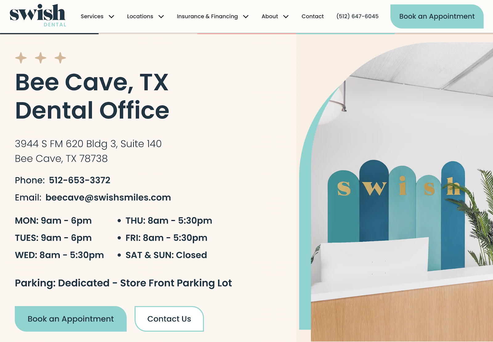 The dental office's location page includes the address, contact info, hours, parking details as well as a CTA to book an appointment and an image of the office's interior.