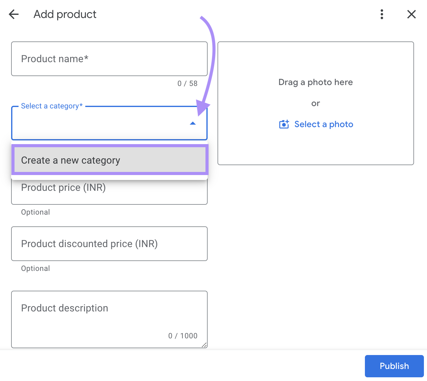 âCreate a new category" option selected in the "Add product" window