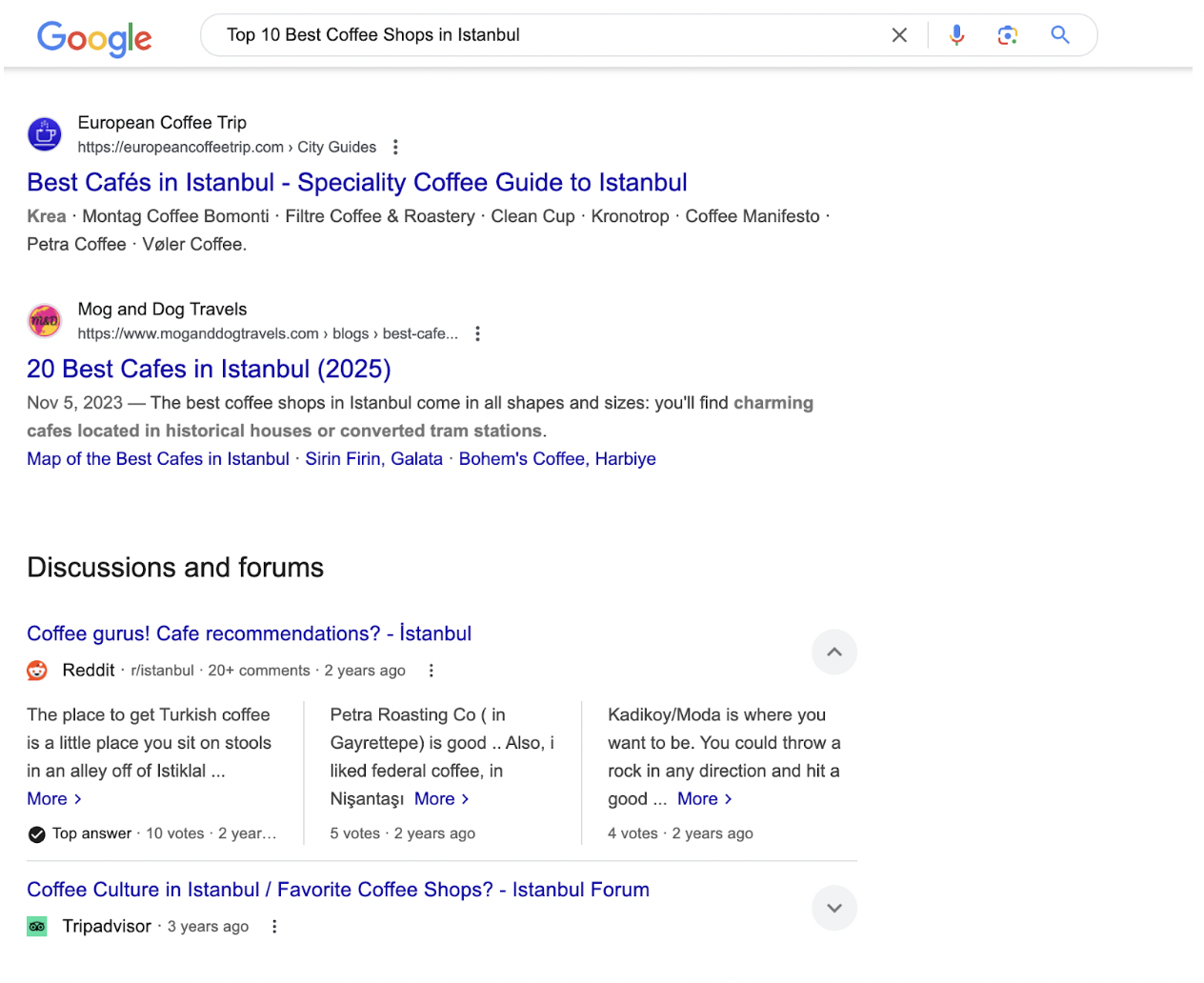 Local organic search results for “Top 10 Best Coffee Shops in Istanbul.”