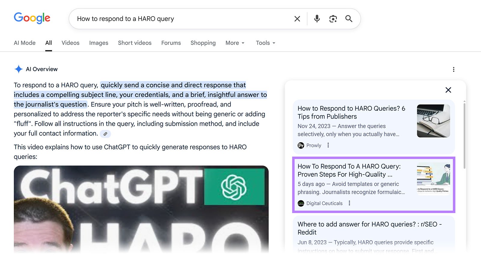 Google search results for ‘How to respond to a HARO query’ with AI answer text and a boxed cited article on the right.