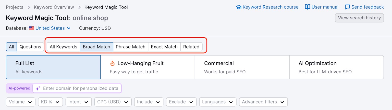 Keyword Magic Tool dashboard with a red rectangle highlighting the Broad Match, Phrase Match, Exact Match, and Related filters at the top. 