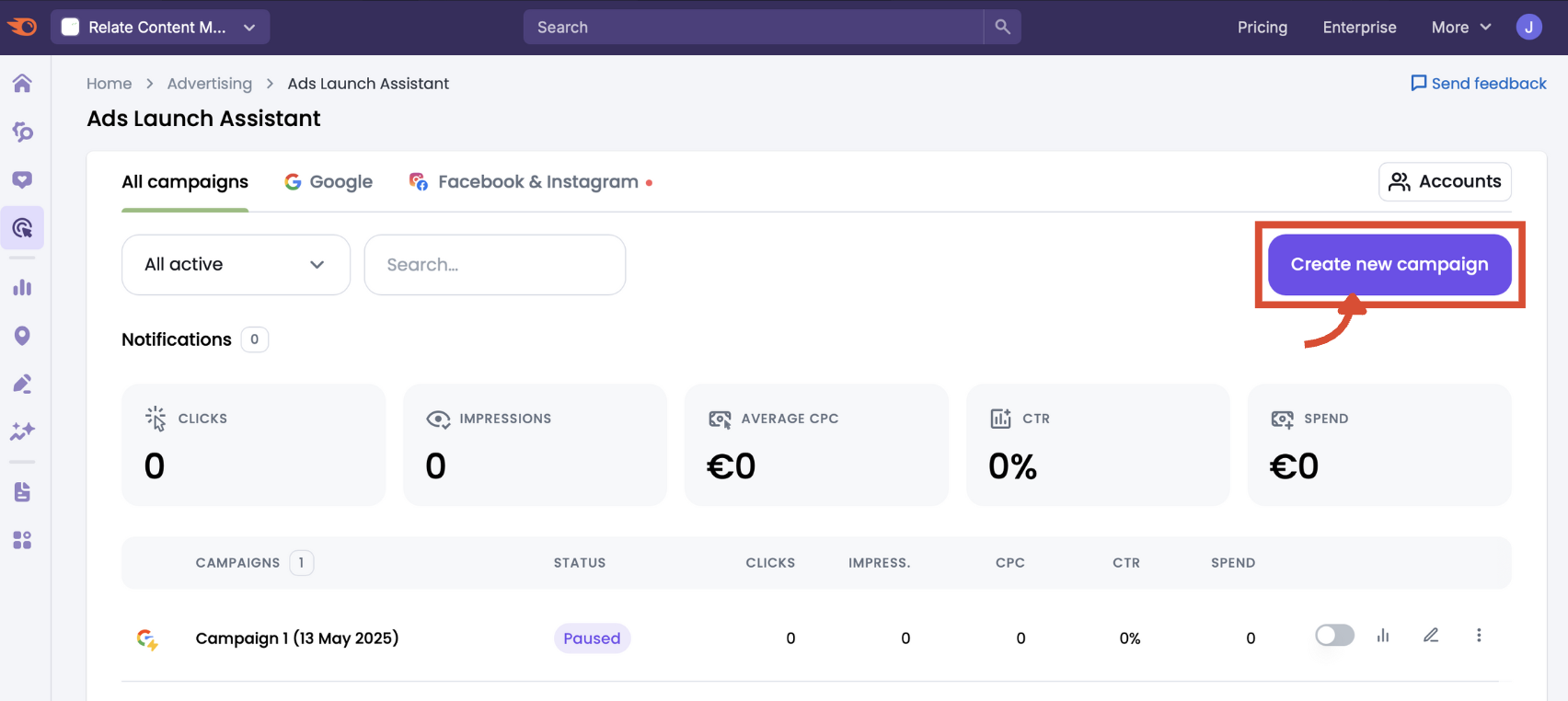 The button to create a new campaign in the ad campaign dashboard.