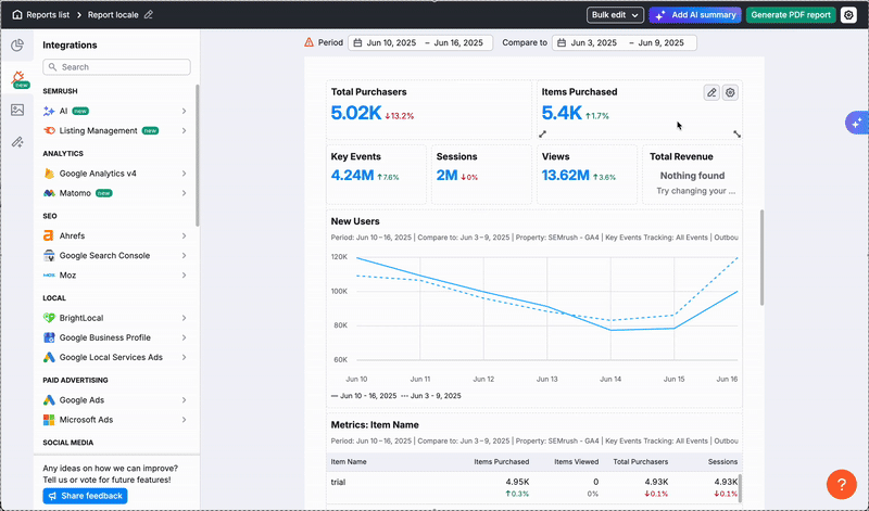 Report settings menu open from the gear icon in the upper right, showing the option to detach from interface language and a Language drop-down to select locale.