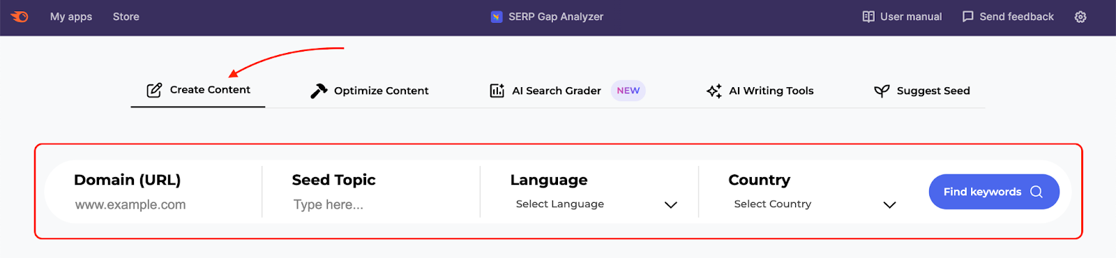 How to start a new domain analysis in the SERP Gap Analyzer.