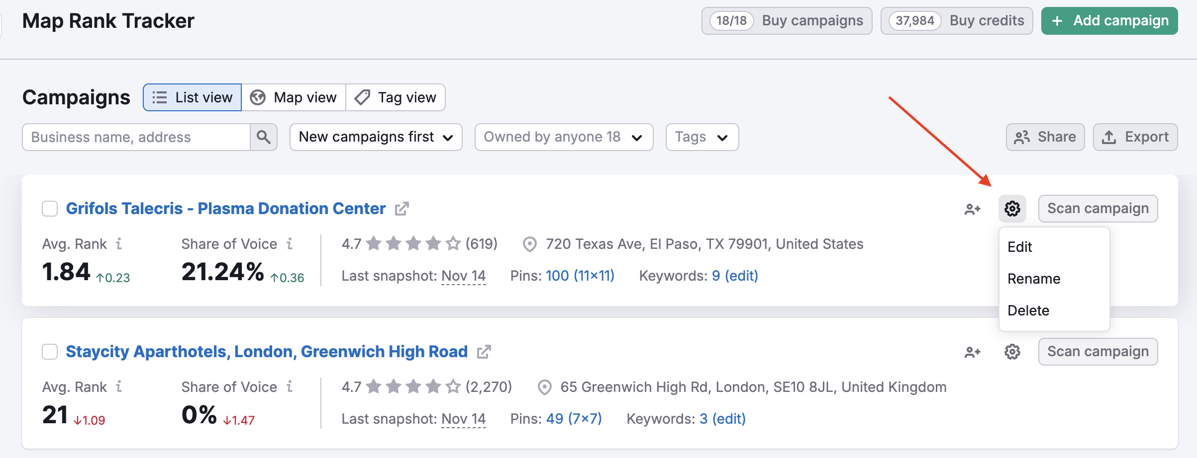 Map Rank Tracker campaign list view. An arrow points to a gear icon on the right side of the campaign row, which, when clicked, reveals a dropdown menu with options: Edit, Rename, and Delete.